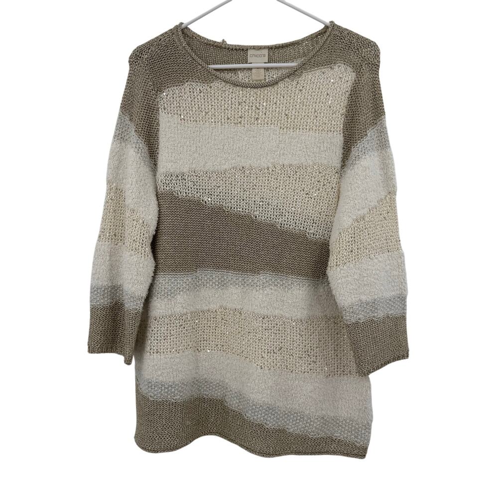 Chico's Size 2 Large Knit Sweater Pullover Brown Cream Oatmeal Tunic Long Length